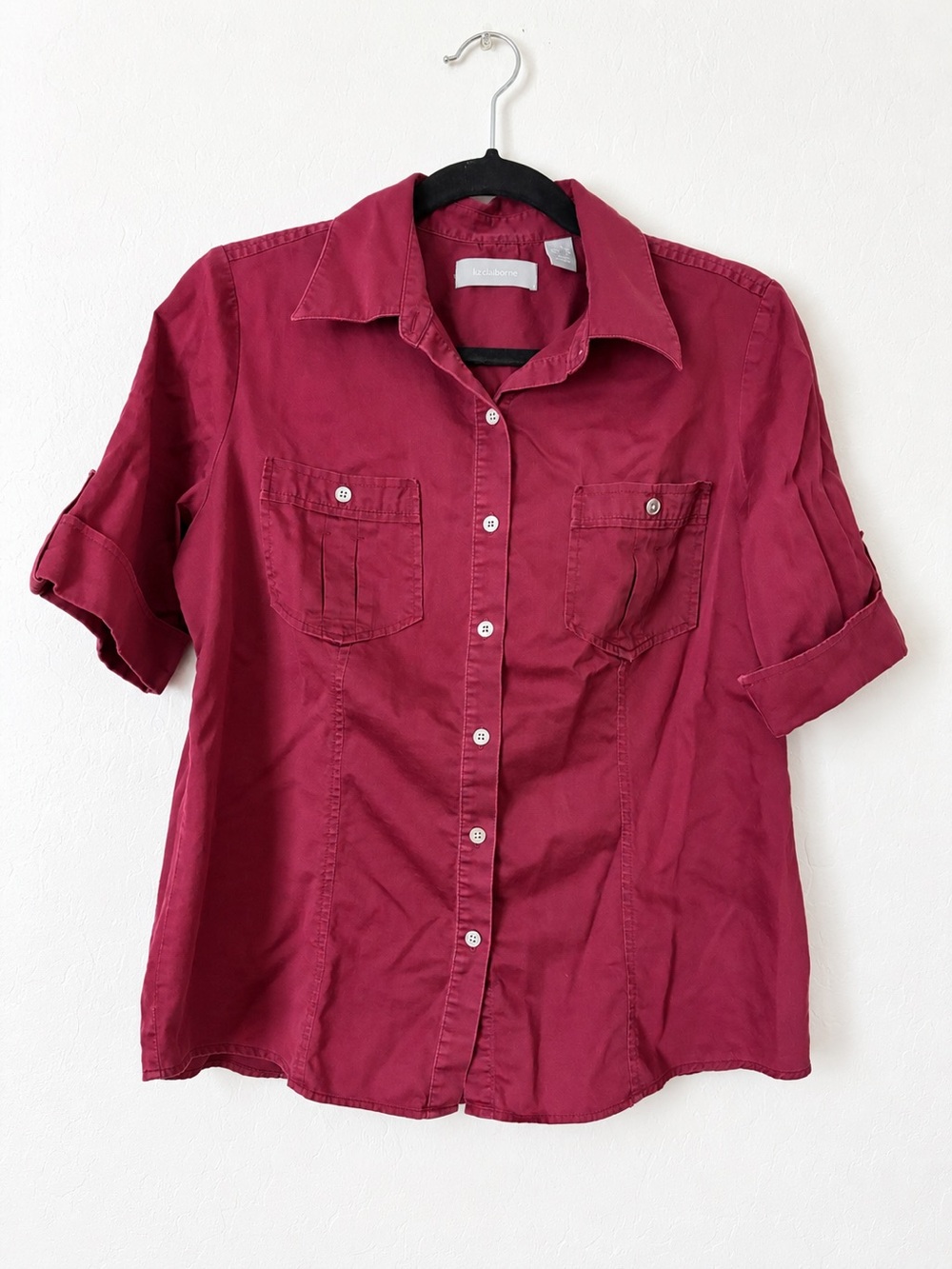 Liz Claiborne Burgundy Roll Tab Utility Shirt Blouse Large